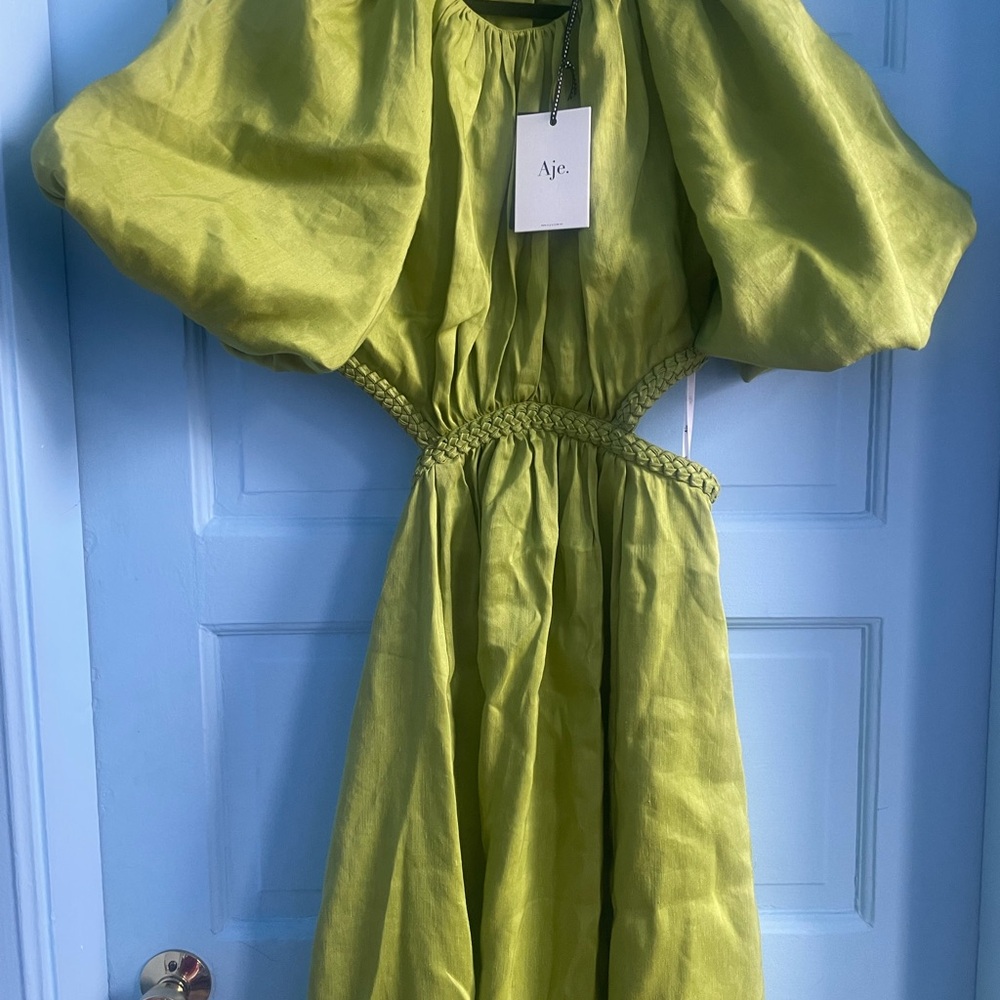 Aje Capucine Lime Green Midi Dress with Puff Sleeves - Picture 3 of 4